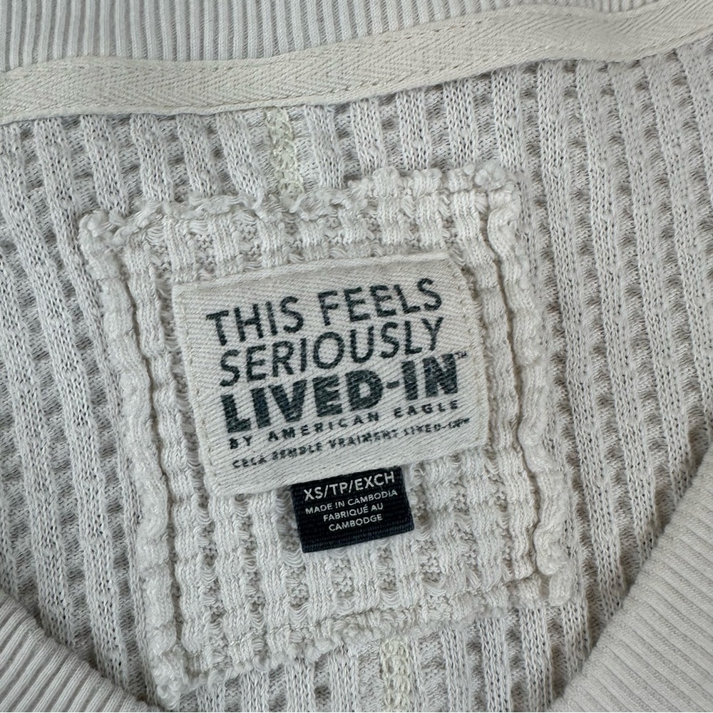 American Eagle Soft & Sexy Waffle Knit Sweatshirt XS Cream V Neck Lived In - Picture 2 of 5